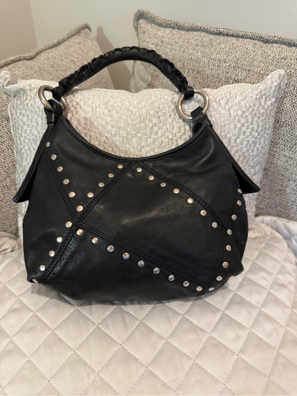 Black Studded Leather Hobo Bag